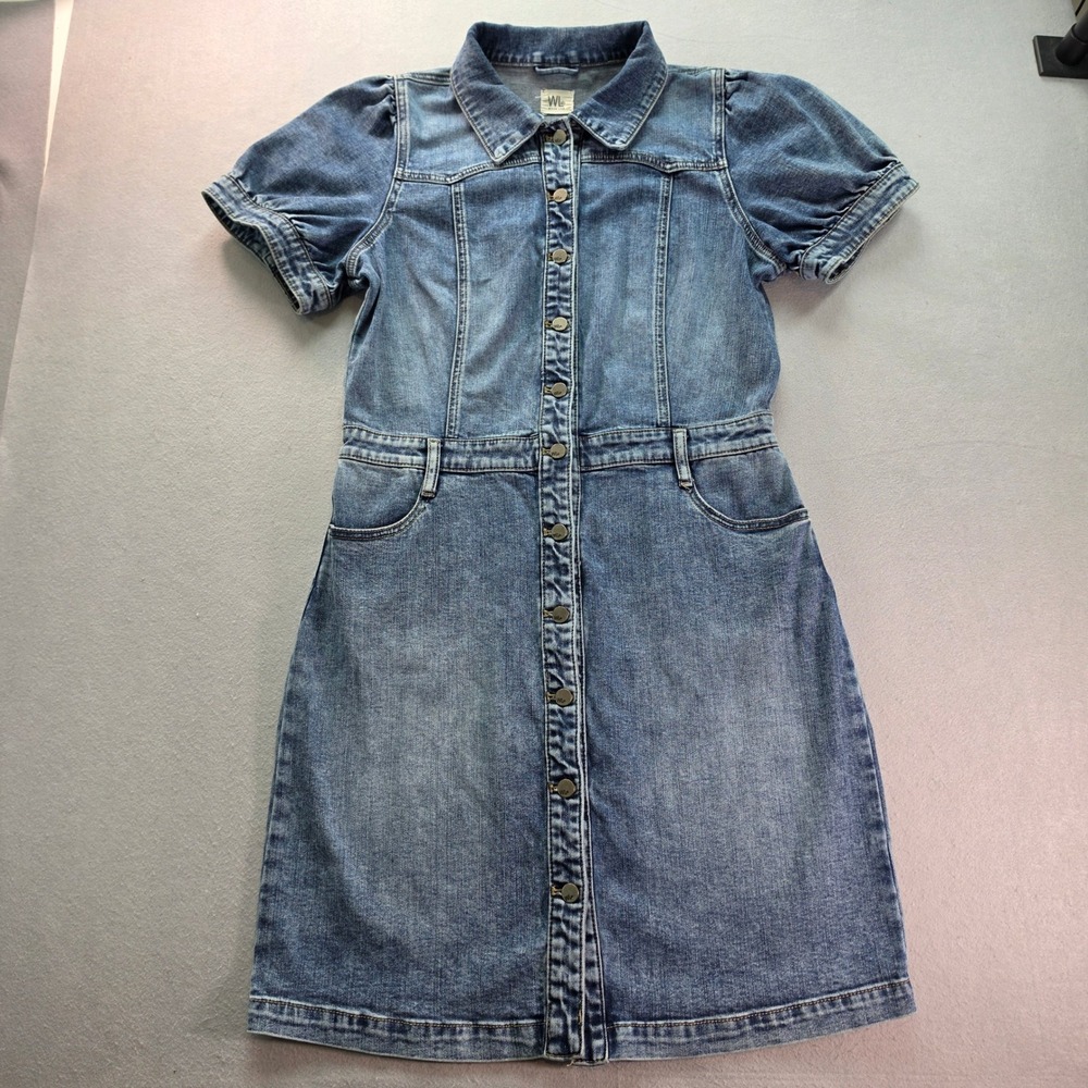 Wash Lab Denim Womens L Blue Puff Sleeve Button Front Mini Dress Y2K Coastal